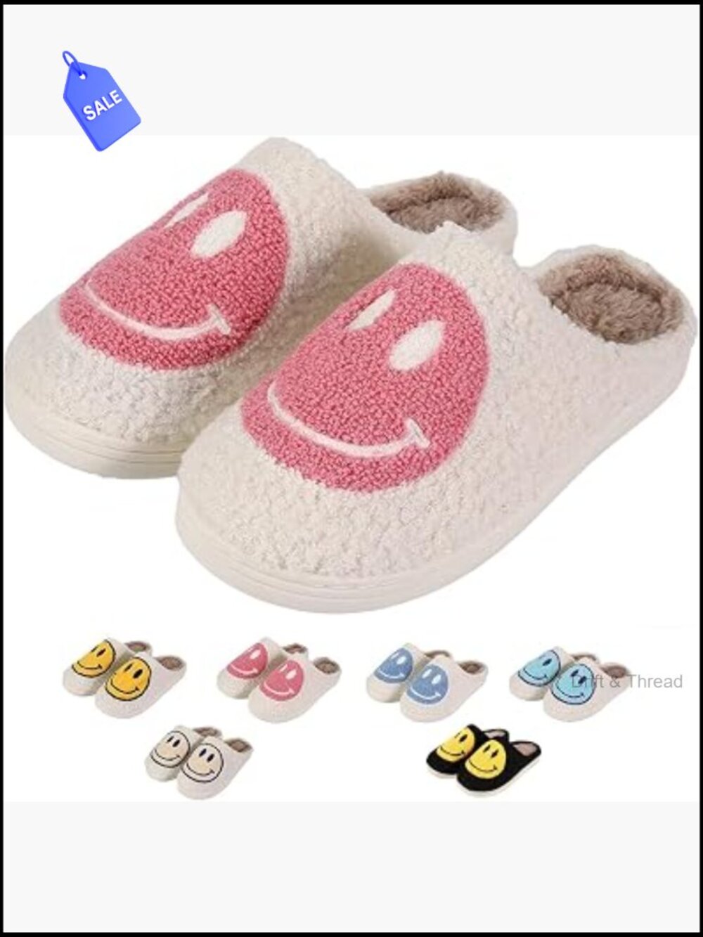 Fuzzy Happy Face Slippers Womens Mens Cozy House Shoes Non-Slip